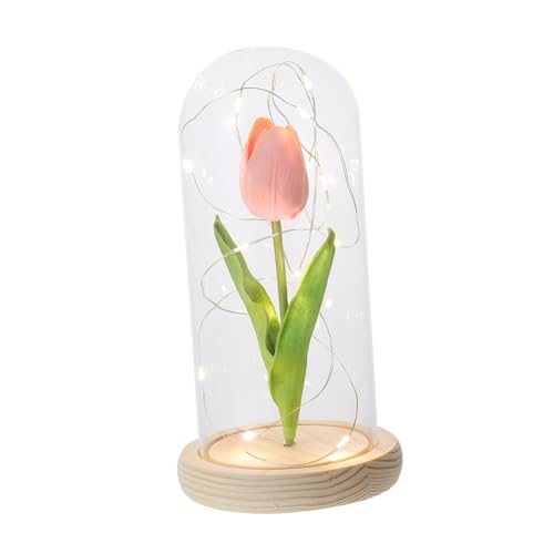 HIAKDOFT Romantische LED Tulpen Deko mit Glasglocke Künstliche Blume Leuchtendes Blumenornament für Wohnzimmer Schreibtisch und Stilvolle Wohnaccessoire ohne Batterien von HIAKDOFT