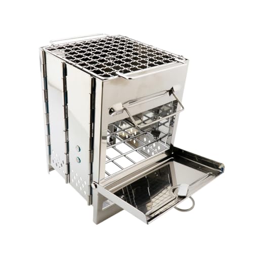 HIAKDOFT Tragbarer Edelstahl Grill Klappbarer Holzofen Quadratisch Outdoor Bbq Ofen Camping Grillrost Silber von HIAKDOFT