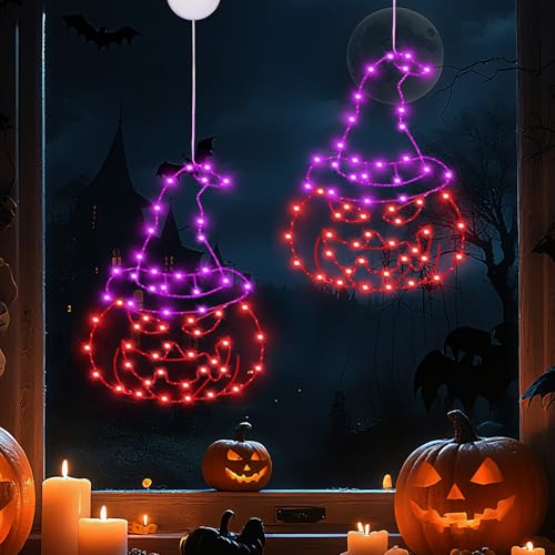 2 Stück Halloween Deko Led Fenster Licht, Neu LED Lichterkette Kürbis Fensterlichter mit Saugnapf und Timer Batteriebetrie, Halloween deko Für Draußen & Innen, Zuhause Party (D) von HIAME