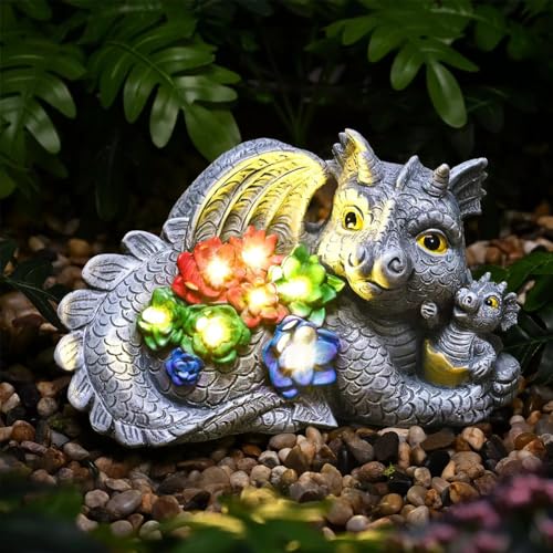 HIAME Garten Deko Drachen Solarlampen für Außen Balkon Gartendekoration, Innenhof Layout Drachen Ornamente Harz Solarleuchten im Freien kreative Tiere Figuren (G) von HIAME