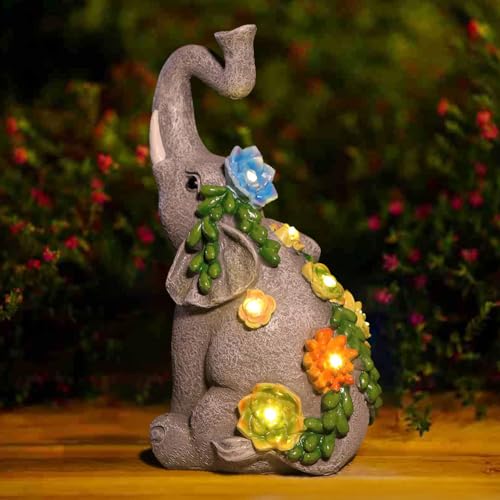 HIAME Garten Deko Elefant Statue Solare Lichter, Solarlampen Ornamente für Außen Balkon Gartendekoration, Innenhof Layout Elefant Figuren Harz Solarleuchten kreative Geschenk (B) von HIAME