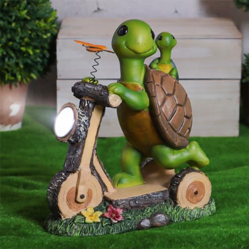 HIAME Garten Deko Zwei Tiere Statue Solarlampen für Außen Balkon Gartendekoration, Innenhof Layout Schildkröten Ornamente Harz Figuren Solarleuchten Kreative Geschenk (Motorrad Schildkröte) von HIAME