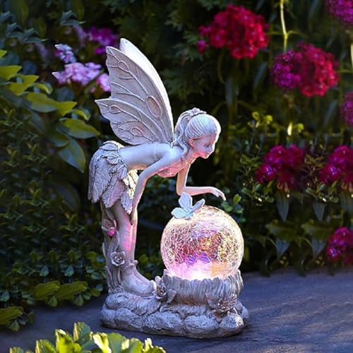 HIAME Gartendeko Figuren für Außen Groß Solarleuchte, Blumenfee Garten Deko Blume Fee Solar Licht Harz Mädchen Outdoor Villa Dekoration (F) von HIAME