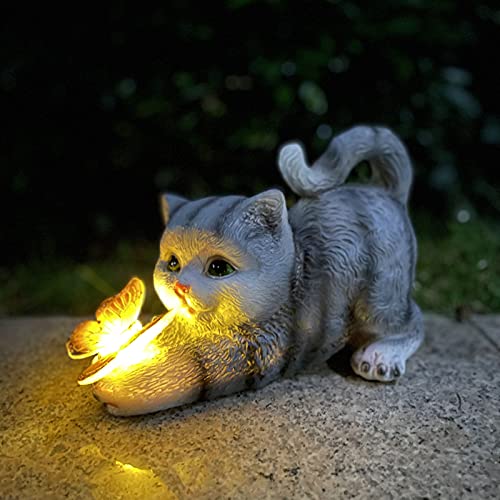 Katzenfigur Garten Deko Katze Gartendeko Schmetterlinge Solarlampen für Außen Balkon Gartendekoration Innenhof Layout niedlichen Katze Top Schmetterling Ornamente Harz Solarleuchten (grau) von HIAME