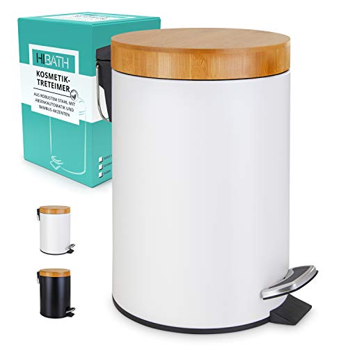 HIBATH® Kosmetikeimer aus Edelstahl mit Bambusdeckel (3 Liter, weiß) - Badezimmer Abfalleimer mit Absenkautomatik - Praktischer Mülleimer - WC-Treteimer von HIBATH