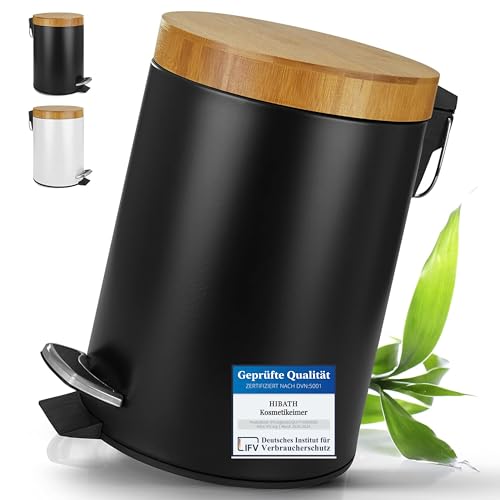 HIBATH® Kosmetikeimer aus Edelstahl mit Bambusdeckel (5 Liter, schwarz) - Badezimmer Abfalleimer mit Absenkautomatik - Praktischer Mülleimer - WC-Treteimer von HIBATH