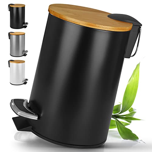 HIBATH® Kosmetikeimer aus Edelstahl mit Bambusdeckel (5 Liter, schwarz) - Badezimmer Abfalleimer mit Absenkautomatik - Praktischer Mülleimer - WC-Treteimer von HIBATH