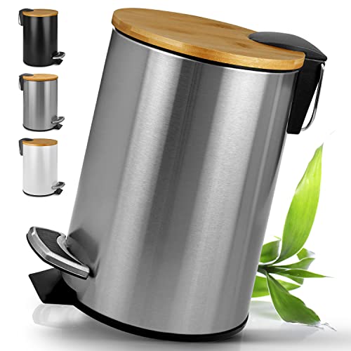 HIBATH® Kosmetikeimer aus Edelstahl mit Bambusdeckel (5 Liter, silber) - Badezimmer Abfalleimer mit Absenkautomatik - Praktischer Mülleimer - WC-Treteimer von HIBATH
