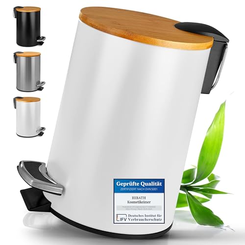 HIBATH® Kosmetikeimer aus Edelstahl mit Bambusdeckel (5 Liter, weiß) - Badezimmer Abfalleimer mit Absenkautomatik - Praktischer Mülleimer - WC-Treteimer von HIBATH