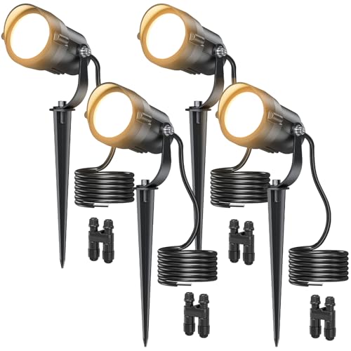 HIBOITEC 12 W Niedervolt Gartenbeleuchtung mit Strom Kabelverbinder, 4 Stück LED Gartenstrahler IP65 Wasserdicht Gartenlampe, 2700 K Warmweiß Gartenlampen Strahler Außen für Garten Rasen Baum von HIBOITEC