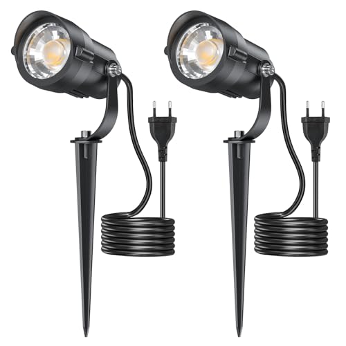 HIBOITEC 2 Stück Gartenbeleuchtung mit 1,5 m Kabel, 12 W Gartenstrahler 2700K Warmweiß Gartenleuchten mit Strom, 1320 lm 270° Schwenkbar Garten Beleuchtungen für Hof, Gehweg, Terrasse (Warmweiß) von HIBOITEC