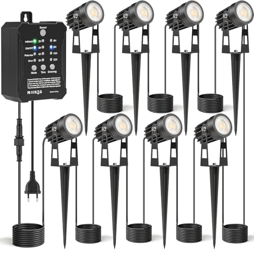 HIBOITEC 8 Stück Gartenbeleuchtung mit Transformator, 20,7M Gartenbeleuchtung Mit Fotosensor, Dimmbar 4000K Gartenstrahler Led Außen Wasserdicht, Timer Gartenlampen für Draußen Haus Hof von HIBOITEC