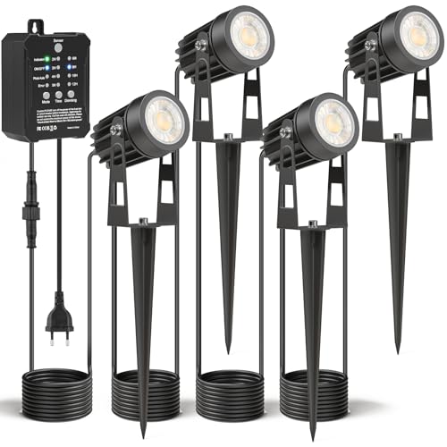 HIBOITEC Dimmbar Gartenbeleuchtung mit Transformator 4 Stück, 11,4M Fotosensor Gartenstrahler Led Außen Wasserdicht, 4000K Gartenbeleuchtung mit Strom, Timer Gartenstrahler für Haus Hof Pflanzen von HIBOITEC
