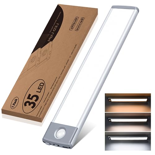 Schrankbeleuchtung LED mit Bewegungsmelder 3 Farbmodi Dimmbar, Unterbauleuchte küche 35 LED Schranklicht Schrankleuchte Lichtleiste USB Wiederaufladbar Für Kleiderschrank, Unterschrank, Treppe von HIBOITEC