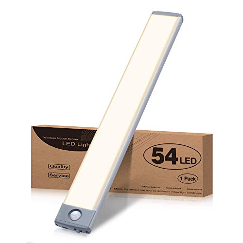 Schrankbeleuchtung Led Lampe mit Bewegungsmelder, 2500mAh Wiederaufladbar Unterbauleuchte Slim Bright Schranklicht, 54 LED Küchenunterbauleuchte ür Kleiderschrank, Treppe, Kofferraum (Warmweiß) von HIBOITEC