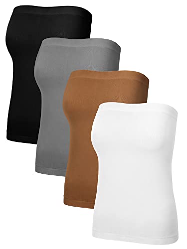 4er-Pack Damen Tube Top, lange trägerlose Tops, mehrfarbig, Basic, Stretch, langes Bandeau-Top für Mädchen, Frauen, Erwachsene, Schwarz, Weiß, Kaffeefarben, Grau, Klein von HICARER