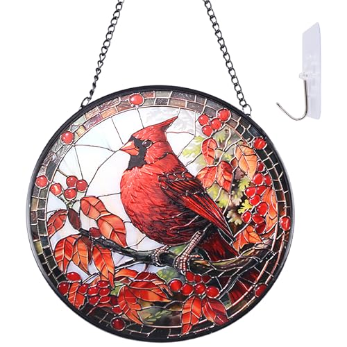 HICOHAND Cardinal Buntglas-Fensterbehang, 1 Stück, handbemalte Glasscheibe mit Metallkette und Haken, Fenster, Wandkunst, Heimdekoration, Geschenk für Vogelliebhaber HICOHAND Cardinal Buntglas-Fensterbehang, 1 Stück, handbemalte Glasscheibe mit Metallkette und Haken, Fenster, Wandkunst, Heimdekoration, Geschenk für Vogelliebhaber von HICOHAND