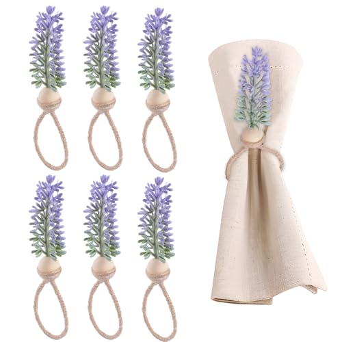 HICOHAND Lavendel-Serviettenring-Set, rustikale Bauernhaus-Boho-Serviettenringe, Halter, dekorative Serviettenschnallen für Frühling, Hochzeiten, Bauernhaus-Tischdekoration, 6 Stück von HICOHAND