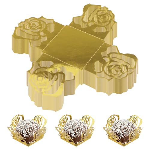 HICOHAND Trüffel-Schokoladenverpackungen, 50 Stück, goldfarbene hohle Rosen-Papiereinlagen, Dessert, Backen, Süßigkeiten, Mini-Verpackungsbecher für Muffins, Cupcakes, Dusche, Geburtstag, Hochzeit von HICOHAND