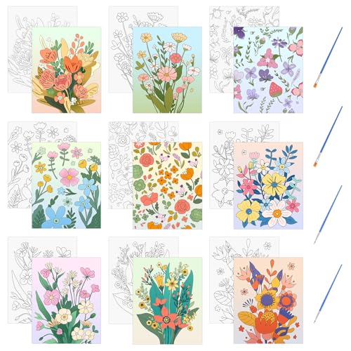 HICOHAND Vorgedruckte Leinwände 9 PCS Blumen Und Pflanzen Malset Ohne Rahmen Auf Leinwand Gespannt Für 7.87 x 9.84 Zoll Einfaches Malset Mit Pinsel Für Partys Studenten Erwachsene DIY Geschenk von HICOHAND