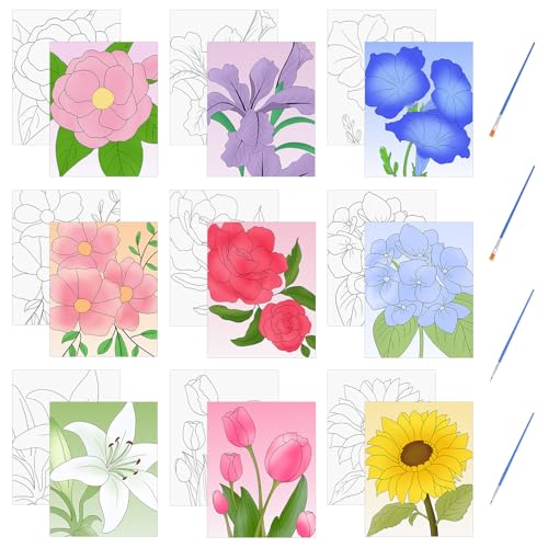 HICOHAND Vorgedruckte Leinwände 9 PCS Natürliches Blumenthema Rahmenloses Malset Auf Leinwand Gespannt 7.97 x 9.84 Zoll Einfaches Malset Mit Pinsel Zum Malen Studenten Erwachsene DIY Geschenk von HICOHAND