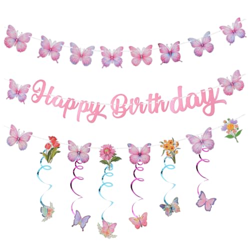 HICOHAND Wildblumen-"Happy Birthday"-Banner, 1 Set, bunte Blumen- und Schmetterlings-Themenparty-Dekorationen für Frauen und Mädchen, Frühlingsgeburtstag, Babyparty-Zubehör von HICOHAND