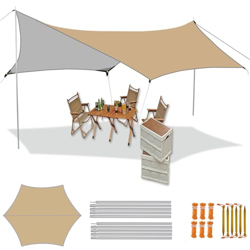 Zeltplane Wasserdicht mit Zeltstangen PU 2000mm UV 50+ Tarp Ultraleicht Sonnensegel Multifunktionales Camping Tarp für Outdoor Garten Hängematte (Khaki Sechseckig Zeltplane, 3x4M) von HIDEWALKER