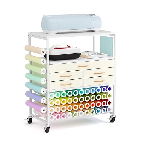 HIDODO Organisations- und Aufbewahrungs-Bastelwagen, kompatibel mit Cricut-Maschinen, Basteltisch, Arbeitsplatz mit Rollen, Rollschrank, Tisch mit 51 Vinyl-Rollenhalter und 5 Schubladen, Weiß von HIDODO