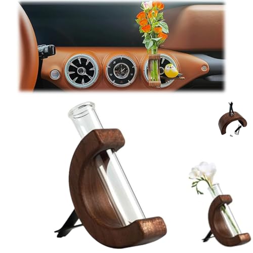 Car Propagation Vase Vent Clip, Carflowervase Clip Holder Glass Tube, Retro C Shaped Wooden Stand Plant Holder, Wooden Car Vase Vent Clip Glass Tube for Fresh Plants (Brown, 1 pcs) von HIDRUO