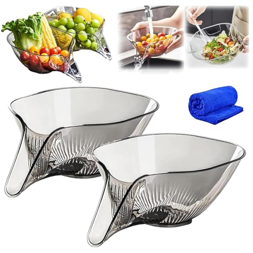 HIDRUO High Temperature Resistant Kitchen Essentials Drainage Basket, Multifunctional Kitchen Drain Basket with Strainer Container for Pasta, Fruit, Salad (2PCS Grey) von HIDRUO