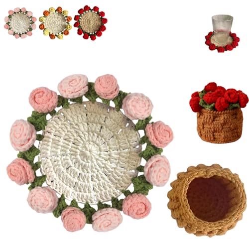 Stampopular/Virtuetion Unique Crochet Drink Coasters, DIY Crochet Flower Bouquet Blanket Coasters, Handmade Knitted Finished Rose Tabletop Potted Flowers,Gift for Birthday, Anniversary (Pink 1Set) von HIDRUO