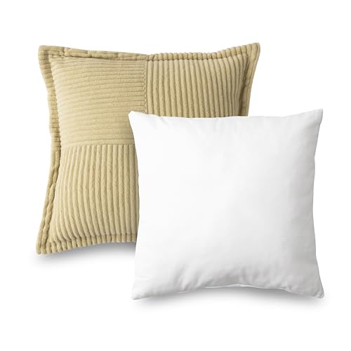 HIG 2er Set Kordsamt Sofakissen 40x40 cm – mit Füllung & Bezug – Weiche Dekokissen fürs Bett und Sofa, Wohnzimmer, Schlafzimmer & Balkon – Flauschig, Dunkelbeige Kissen mit Verstecktem Reißverschluss von HIG