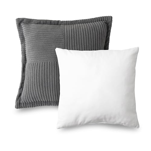 HIG 2er Set Kordsamt Sofakissen 40x40 cm – mit Füllung & Bezug – Weiche Dekokissen fürs Bett und Sofa, Wohnzimmer, Schlafzimmer & Balkon – Flauschig, Grau Kissen mit Verstecktem Reißverschluss von HIG