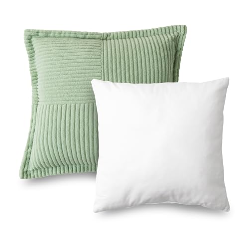 HIG 2er Set Kordsamt Sofakissen 40x40 cm – mit Füllung & Bezug – Weiche Dekokissen fürs Bett und Sofa, Wohnzimmer, Schlafzimmer & Balkon – Flauschig, Salbeigrün Kissen mit Verstecktem Reißverschluss von HIG