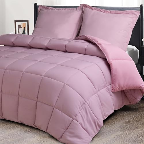 HIG Bettdecke 155x220 cm + 2 Kissenbezüge 80x80cm – Oeko-TEX zertifizierte nebelrosa Steppdecke, kastenförmig genäht – 1500g Daunenalternative (250GSM) weich & flauschig von HIG
