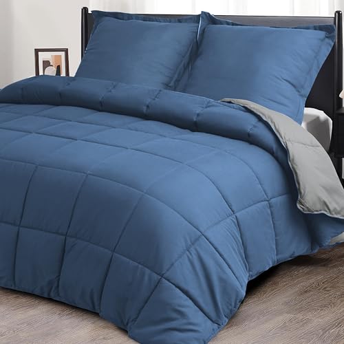 HIG Bettdecke 200x220 cm + 2 Kissenbezüge 80x80cm – Oeko-TEX zertifizierte Blaue Steppdecke, kastenförmig genäht – 1500g Daunenalternative (250GSM) weich & flauschig von HIG