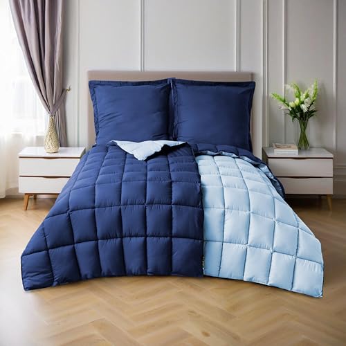 HIG Bettdecken 135x200 cm Set mit 2 Kissenbezüge 80x80cm – Oeko-TEX zertifizierte marineblaue Steppdecken, kastenförmig genäht – 1300g Daunenalternative (250GSM) weich & flauschig von HIG