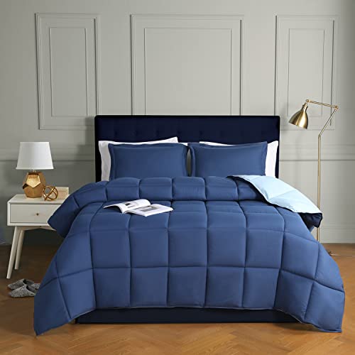 HIG Bettwäsche-Set für Doppelbett, 200x200 cm, Marineblau, wendbar, mit Schallplatten-Design, Alternativ-Set mit 2 Kissenbezügen – Eck-Bettdeckenlaschen – maschinenwaschbar und langlebig, 3-teilig von HIG