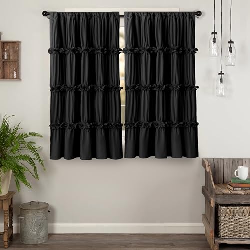 HIG Verdunkelung Vorhänge mit Kräuselband 2er Set - 145x140 cm (Höhe x Breite) -Romantisch Rüschenvorhang mit Handgefertigten Schleifen-Blickdicht Gardinen für Wohnzimmer Schlafzimmer, Schwarz von HIG