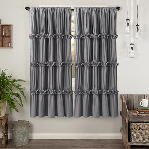 HIG Verdunkelung Vorhänge mit Kräuselband 2er Set - 175x140 cm (Höhe x Breite) -Romantisch Rüschenvorhang mit Handgefertigten Schleifen-Blickdicht Gardinen für Wohnzimmer Schlafzimmer, Dunkelgrau von HIG