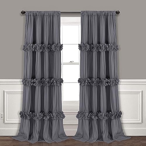 HIG Verdunkelung Vorhänge mit Kräuselband 2er Set - 245x140 cm (Höhe x Breite) -Romantisch Rüschenvorhang mit Handgefertigten Schleifen-Blickdicht Gardinen für Wohnzimmer Schlafzimmer, Dunkelgrau von HIG