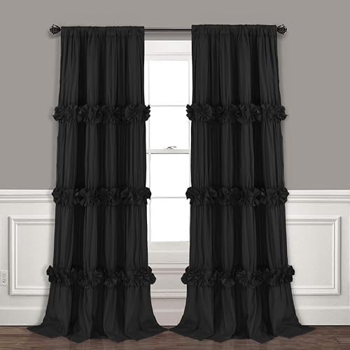 HIG Verdunkelung Vorhänge mit Kräuselband 2er Set - 245x140 cm (Höhe x Breite) -Romantisch Rüschenvorhang mit Handgefertigten Schleifen-Blickdicht Gardinen für Wohnzimmer Schlafzimmer, Schwarz von HIG