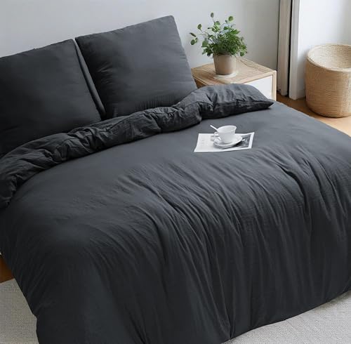HIG Vorgewaschen Bettwäsche 200x220cm 4tellig Dunkelgrau – 1 Bettbezug +2 Kissenbezüge 80x80 +1 Spannbettlaken 160x200 – Oeko-TEX zertifizierte-Mikrofaser Deckenbezug mit Doppel-Reißverschluss,Weich von HIG