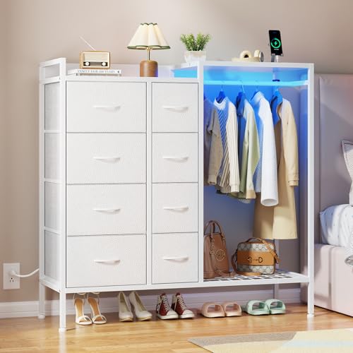 HIGDBFE Kommode mit 8 Schubladen, mit Hängeregal, Kommode mit Ladestation & LED-Lichtern, Kinderkommode mit Schuhregal zur Kleideraufbewahrung, Kommode mit Holzplatte für Schlafzimmer, Weiß HIGDBFE Kommode mit 8 Schubladen, mit Hängeregal, Kommode mit Ladestation & LED-Lichtern, Kinderkommode mit Schuhregal zur Kleideraufbewahrung, Kommode mit Holzplatte für Schlafzimmer, Weiß von HIGDBFE