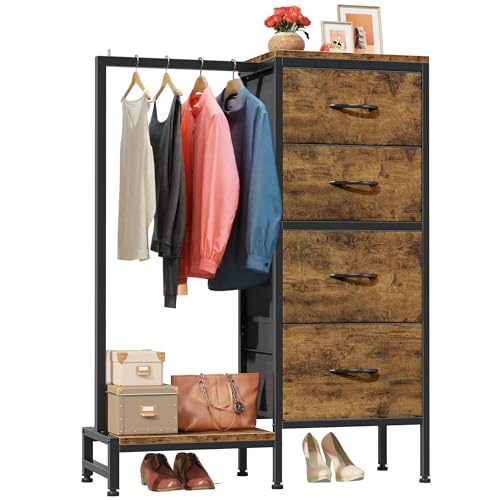 HIGDBFE Kommode mit Hängeregal, 4 Schubladen, klein für Schlafzimmer, wendbare Stoff-Kommode für Schrank mit Kleiderständer, hohe Kommode, stabiler Rahmen, rustikales Braun, 111,8 cm hoch HIGDBFE Kommode mit Hängeregal, 4 Schubladen, klein für Schlafzimmer, wendbare Stoff-Kommode für Schrank mit Kleiderständer, hohe Kommode, stabiler Rahmen, rustikales Braun, 111,8 cm hoch von HIGDBFE