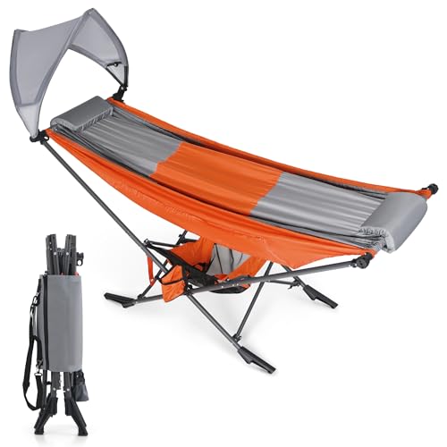 HIGH POINT SPORTS Camping Hängematte, Hängematte Outdoor mit Abnehmbare Sonnenschutz 250 LBS Tragkraft Robuste Tragbare Hängematte mit Reisetasche für Garten, Indoor, Balkon, Terrasse, Camping, Orange von HIGH POINT SPORTS