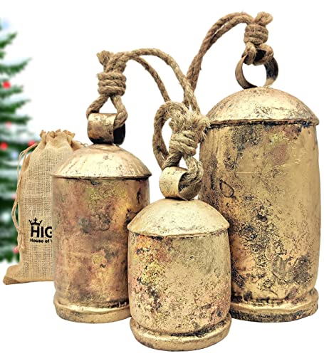 HIGHBIX Set mit 3 riesigen Harmonie-Kuhglocken, riesiger Vintage-Stil, handgefertigt, rustikal, zum Aufhängen an Weihnachten, XL-Glocken am Seil (XL) von HIGHBIX