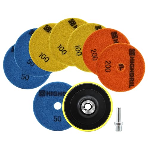 HIGHDRIL Diamant Trocken Polierscheiben Set - 8 Stück 100mm Körnung #50x3/100x3/200x2 Diamant Polier Auflagen + M14 Kunststoffunterlage + Adapter für Granit Marmor Kunststein Quarz von HIGHDRIL