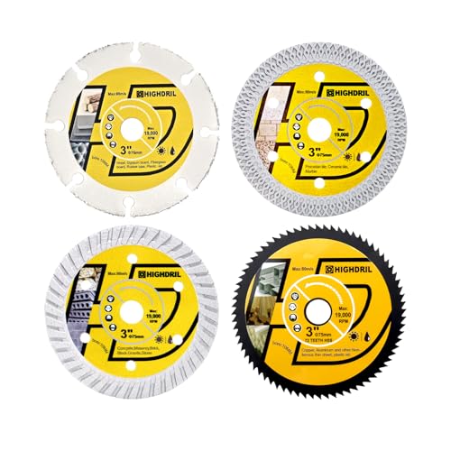 HIGHDRIL Kreissägeblatt Satz 75mm x Arbor 10mm 4 Stk - Diamant/HSS/Hartmetall Trennscheibe für Schneiden Metall Fliesen Marmor Granit Kunststoff Beton Holz von HIGHDRIL