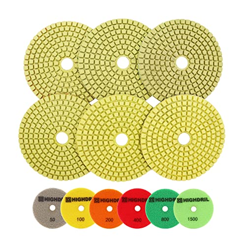 Nasse Diamant Polierscheibe - HIGHDRIL 6 Stück 100MM (#50#100#200#400#800#1500) diamant schleifpad für Granit, Marmor, Keramik, Kunststein Schleifblock auf Schleifer oder Polierer verwendet von HIGHDRIL